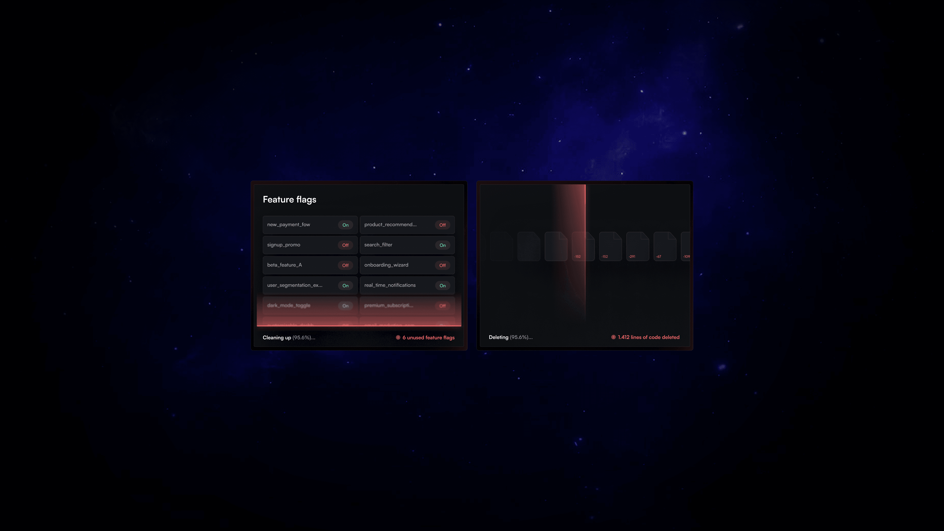 Emerge Tools Reaper interface in dark mode showing a list of feature flags being cleaned up and a deletion panel indicating thousands of lines of unused code removed.