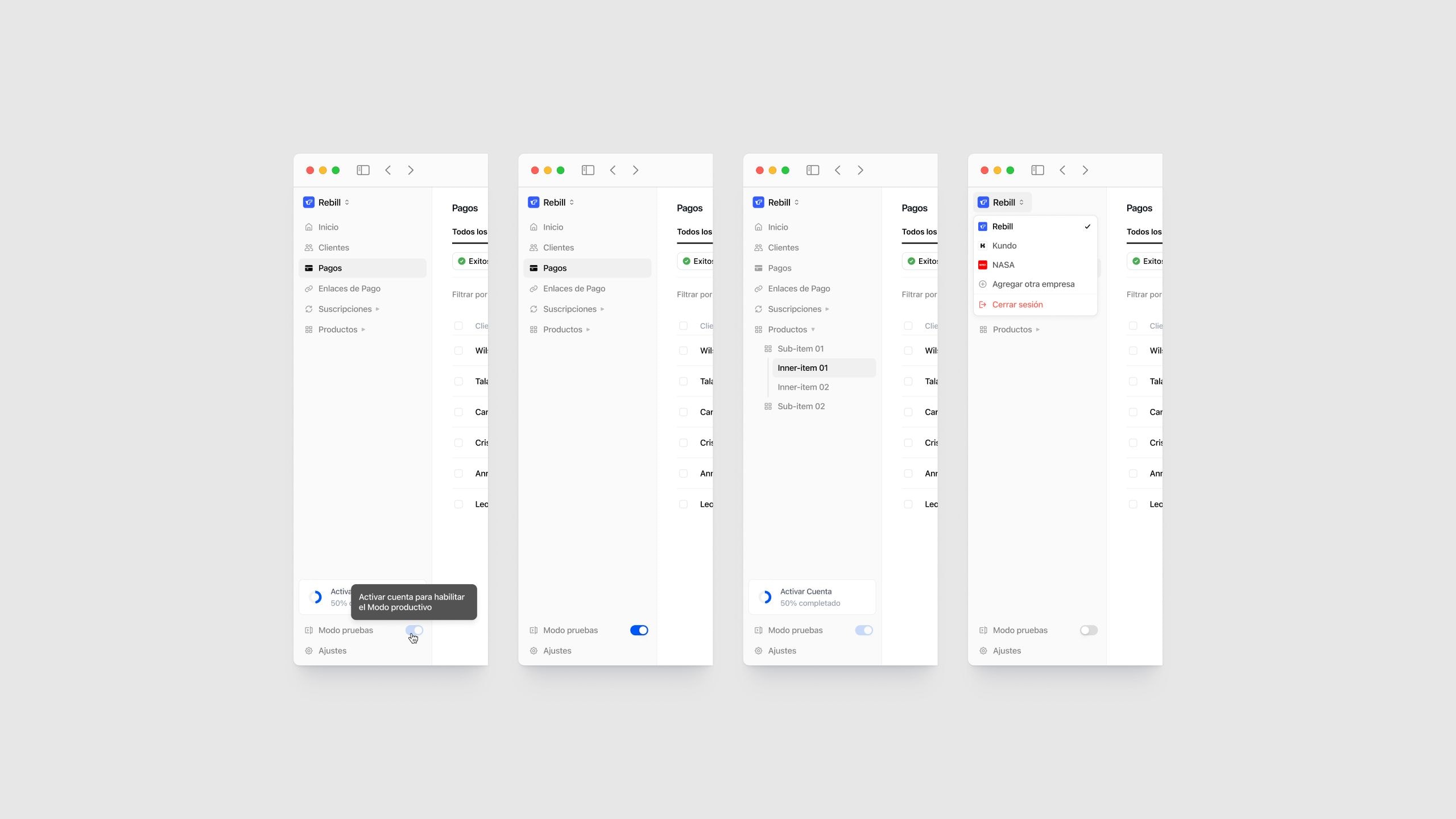 Series of Rebill dashboard screens showing sidebar navigation states, account activation, nested product menus, and multi-company switcher—highlighting how Kundo Studio redesigned the Stripe-grade LATAM payments platform for clear, scalable information architecture.