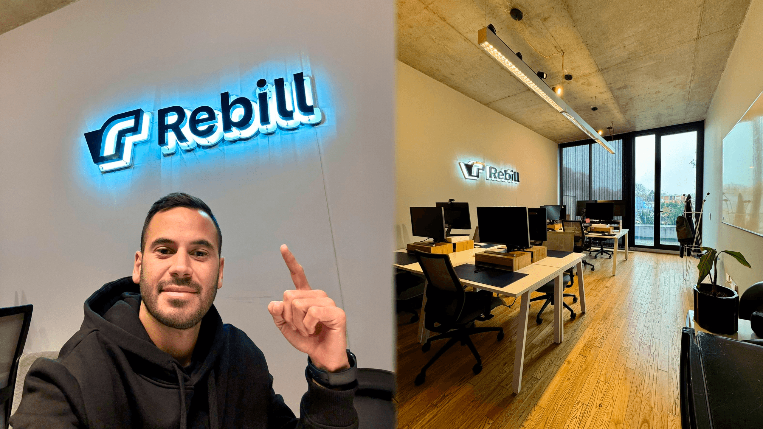 Photo of Rebill’s illuminated logo installed in the office—founder Nahuel Candia pointing to the new sign alongside the modern workspace—showcasing how Kundo Studio’s refreshed visual identity brings the Stripe-grade LATAM payments brand into its physical environment.