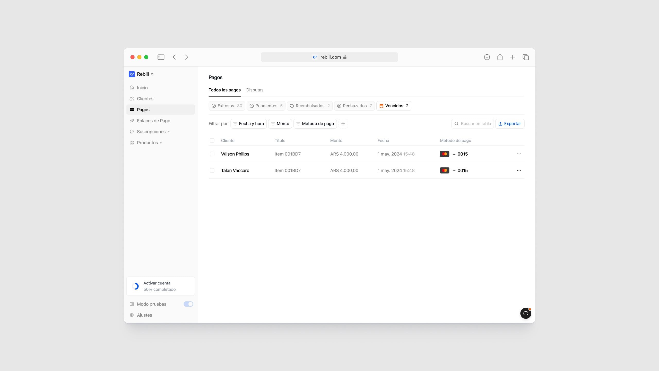 Rebill payments dashboard filtered to show expired transactions, demonstrating how Kundo Studio’s Stripe-grade LATAM payments UI surfaces status, filters, and card details with clear, minimal design.