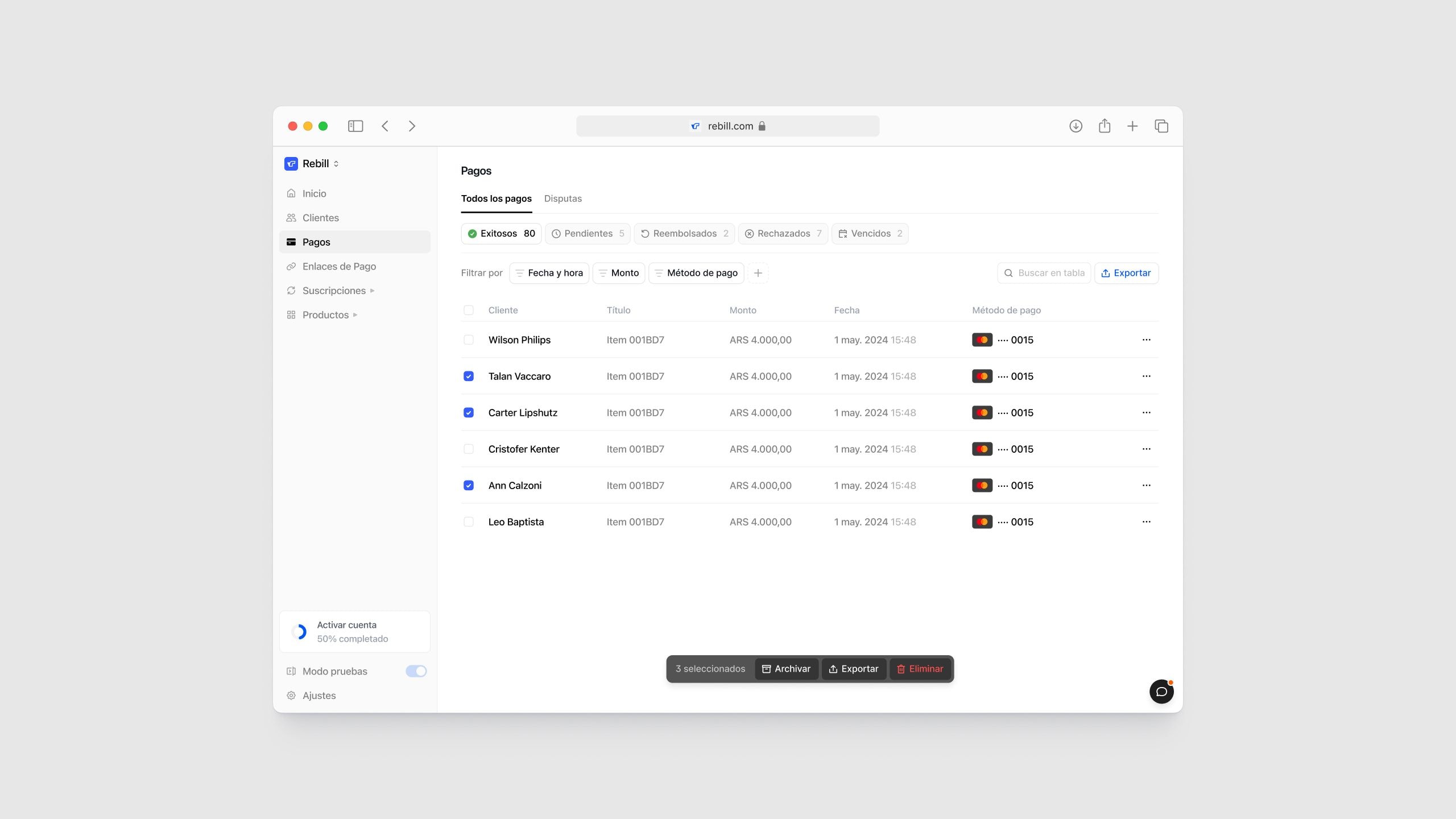Rebill payments dashboard in light mode with multiple transactions selected and a bulk action toolbar for archiving, exporting, or deleting—part of the streamlined, Stripe-grade LATAM payments UI Kundo Studio designed for efficient operator workflows.