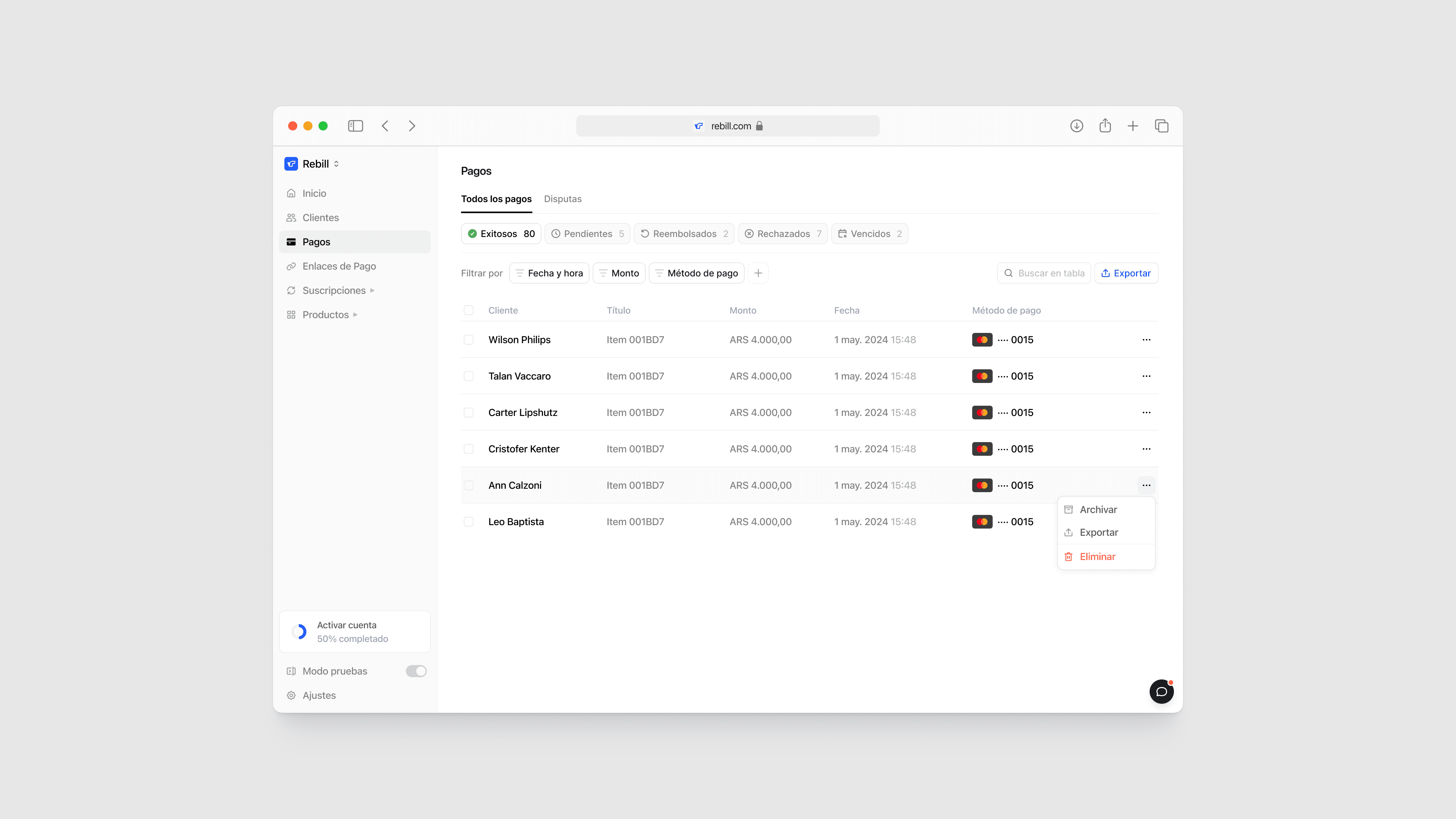 Rebill payments dashboard in light mode with multiple transactions selected and a bulk action toolbar for archiving, exporting, or deleting—part of the streamlined, Stripe-grade LATAM payments UI Kundo Studio designed for efficient operator workflows.