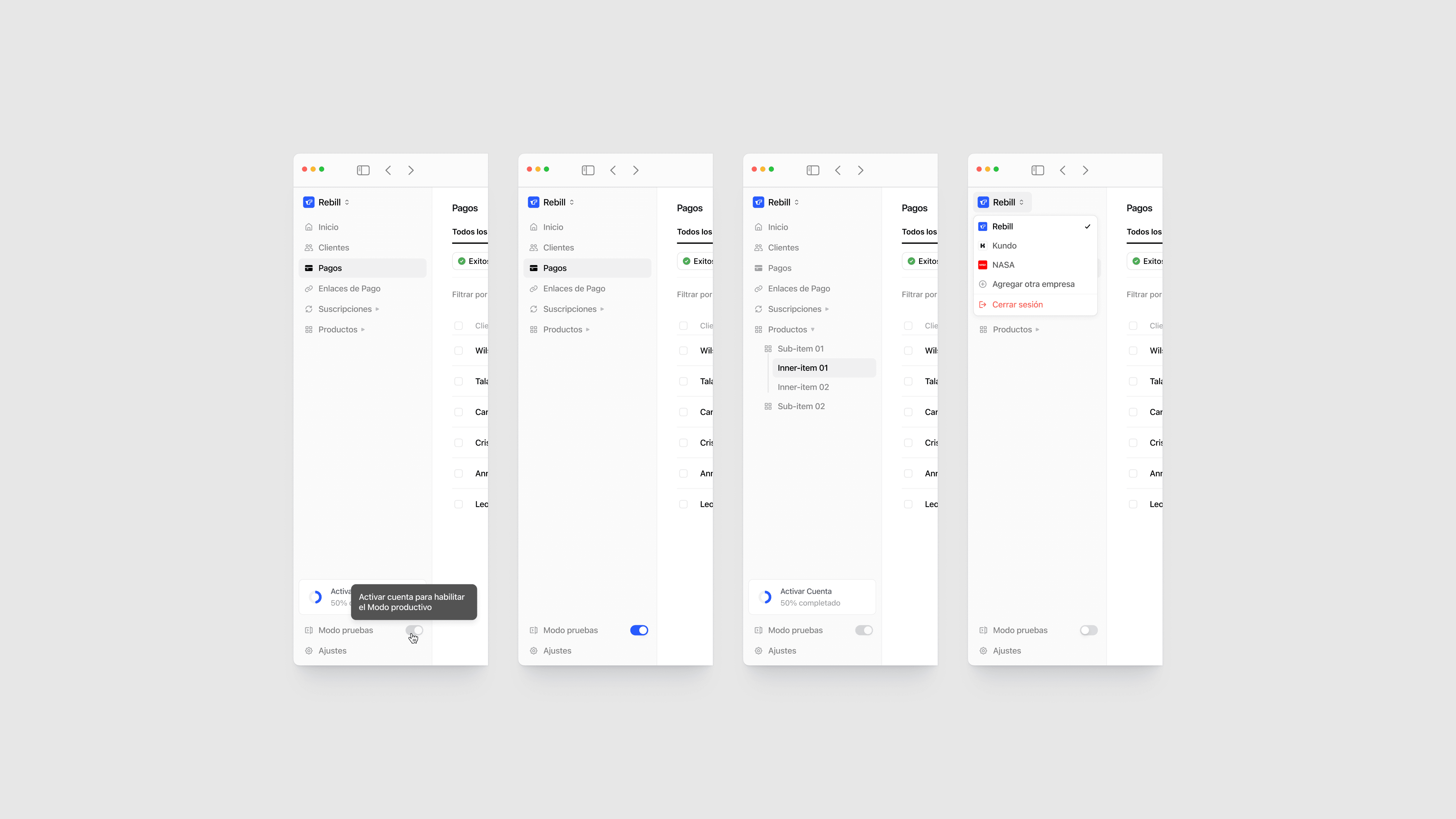 Rebill payments dashboard in light mode showing a table of successful card transactions with row actions for archiving, exporting, and deleting—part of the Stripe-grade LATAM payments UI Kundo Studio designed for clear, confident operations.