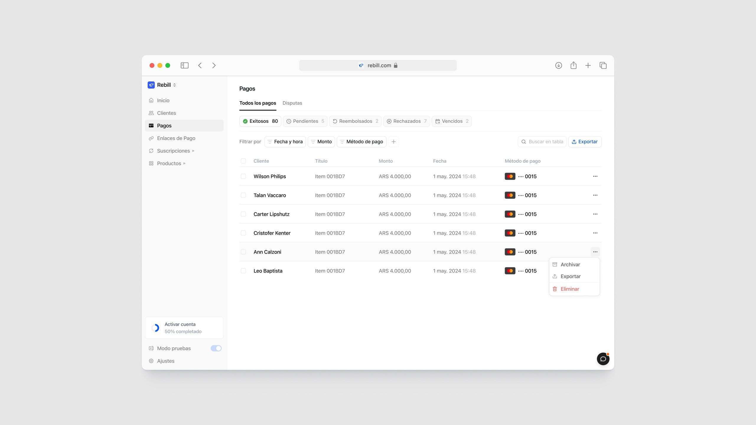 Rebill payments dashboard in light mode showing a table of successful card transactions with row actions for archiving, exporting, and deleting—part of the Stripe-grade LATAM payments UI Kundo Studio designed for clear, confident operations.