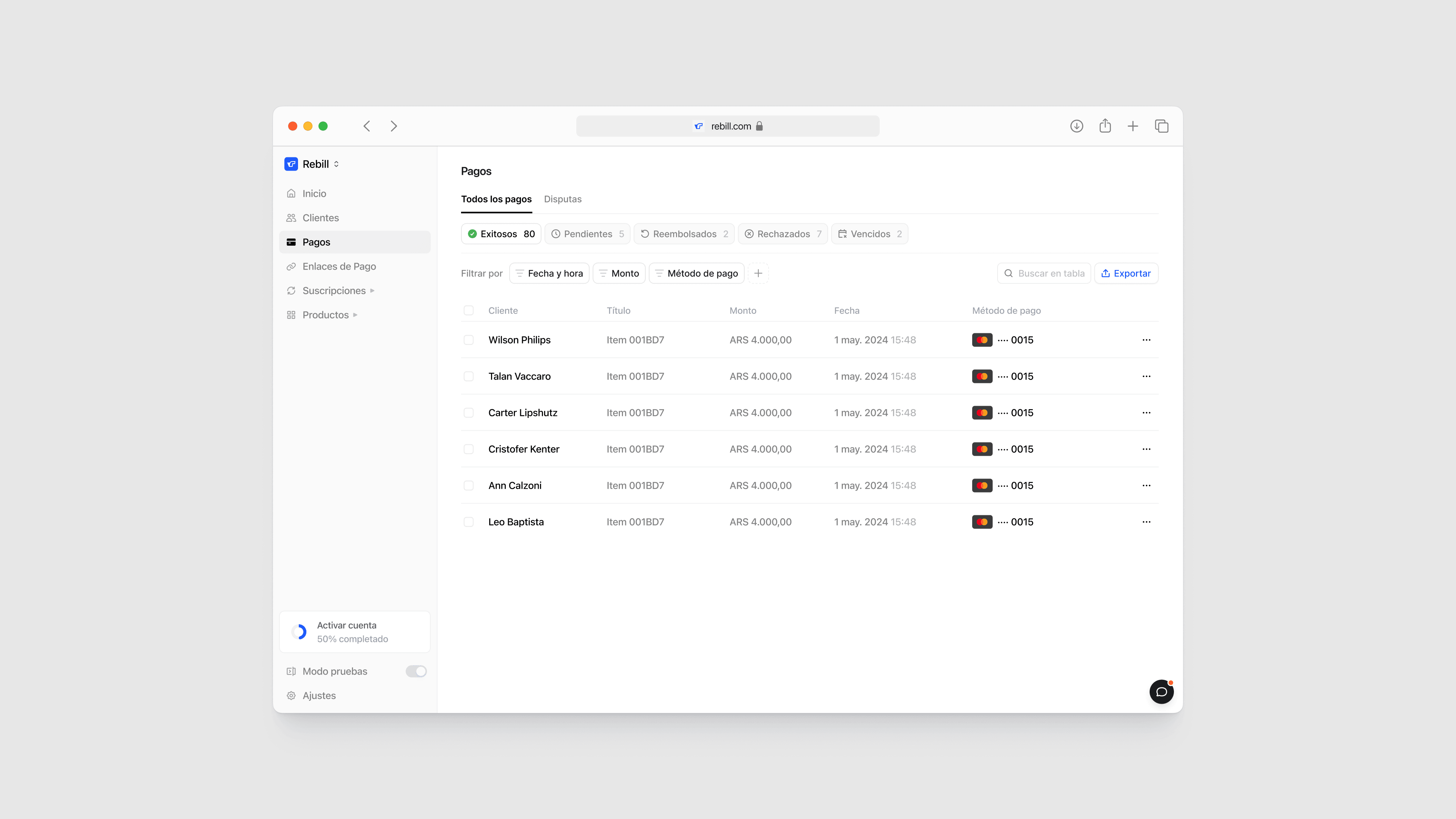 Rebill payments dashboard in dark mode showing recent card transactions, designed by Kundo Studio to give LATAM operators a Stripe-grade, high-contrast UI for monitoring payment status, amounts, and methods with confidence.