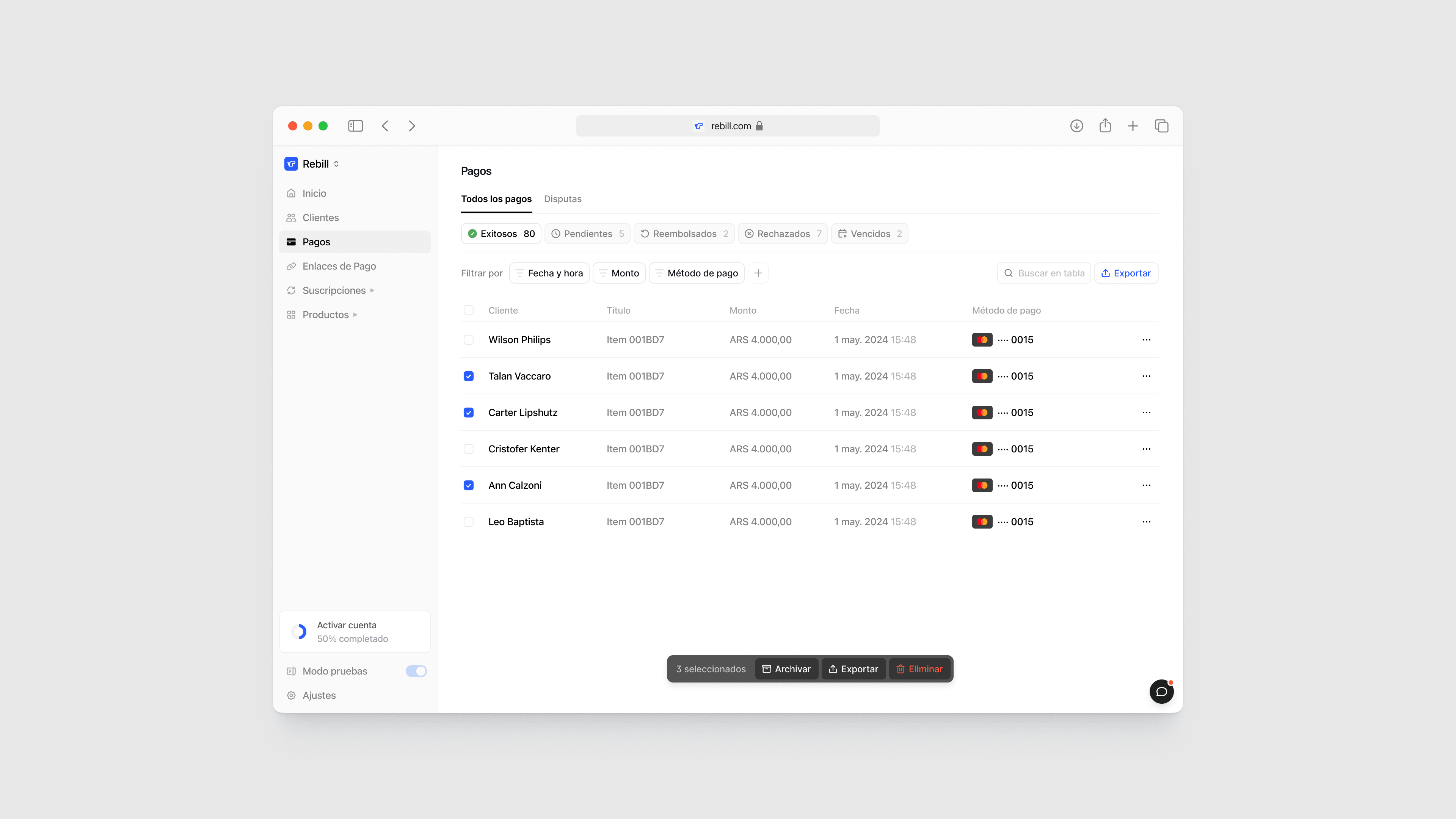 Rebill payments dashboard filtered to show expired transactions, demonstrating how Kundo Studio’s Stripe-grade LATAM payments UI surfaces status, filters, and card details with clear, minimal design.