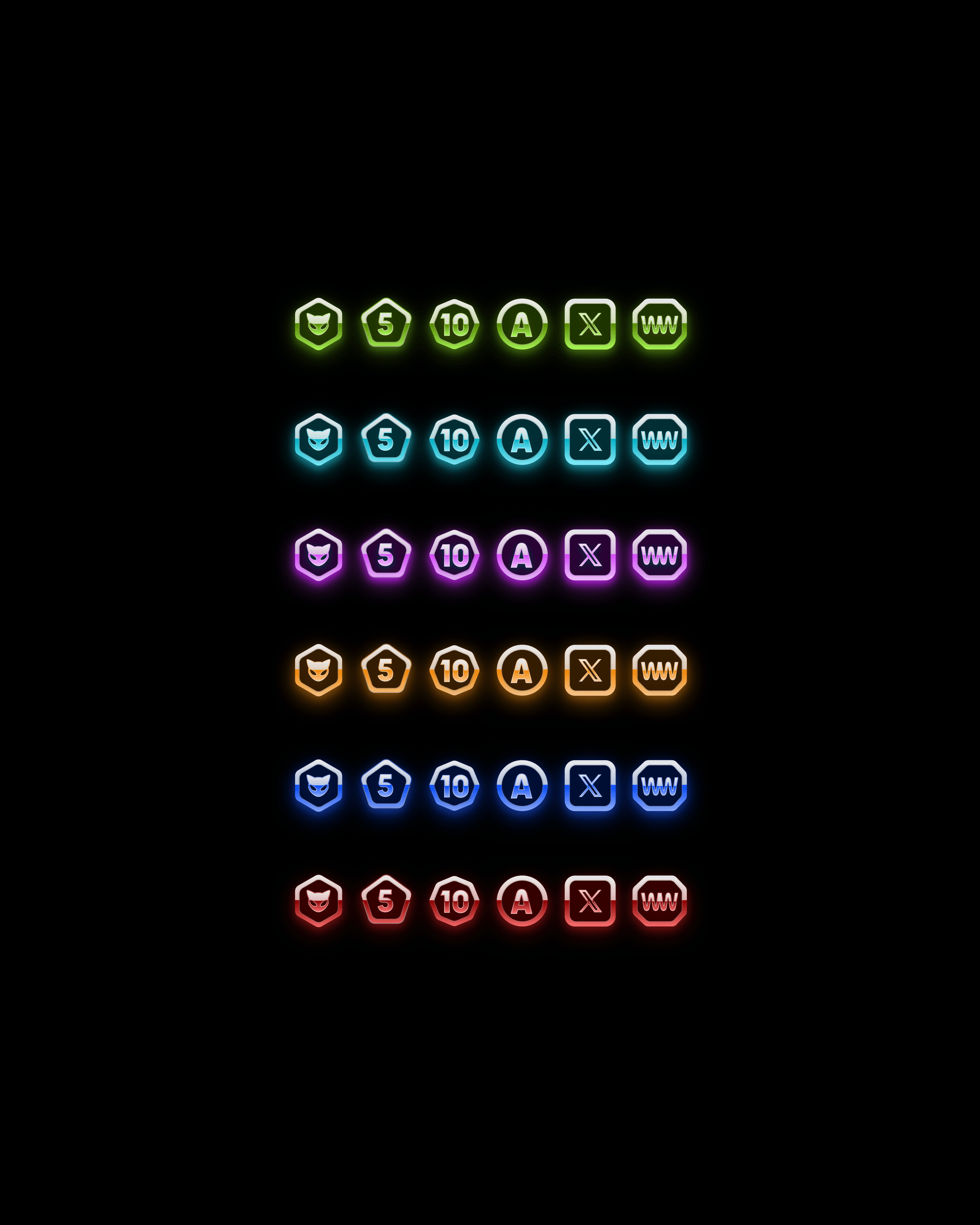 Stacked rows of neon badge-style icons in multiple colors—featuring MEOW cat, numbers, and web symbols—designed by Kundo Studio as part of the playful retro UI icon system for the MEOW crypto brand and website.