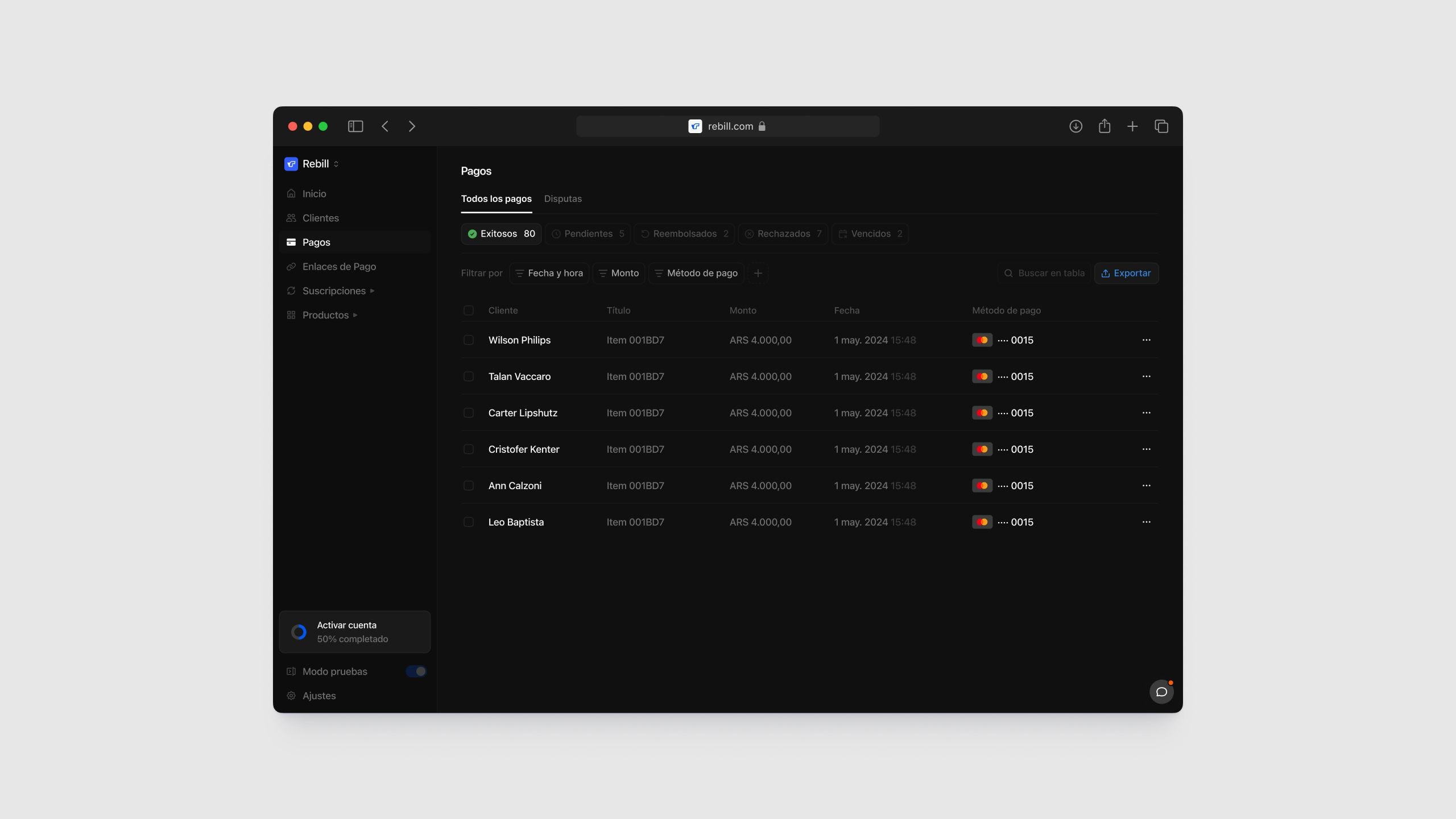 Rebill payments dashboard in dark mode showing recent card transactions, designed by Kundo Studio to give LATAM operators a Stripe-grade, high-contrast UI for monitoring payment status, amounts, and methods with confidence.