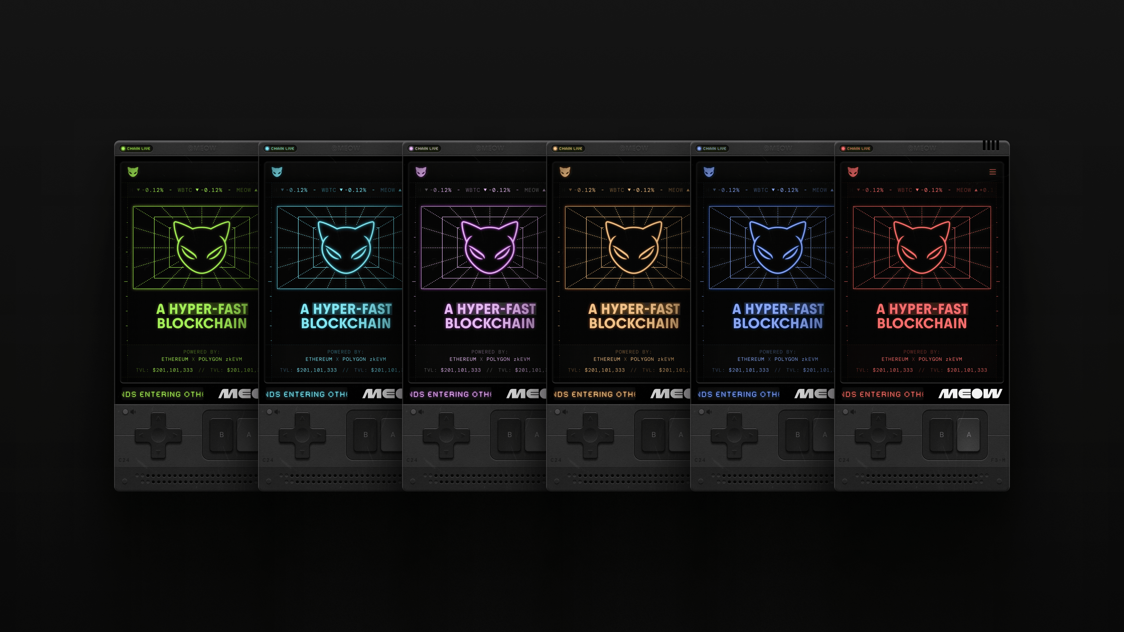 Row of six retro handheld-style MEOW screens with neon cat icons and “A Hyper-Fast Blockchain” messaging in different colors, showcasing Kundo Studio’s playful, nostalgic crypto brand identity and interactive website design for the MEOW token.
