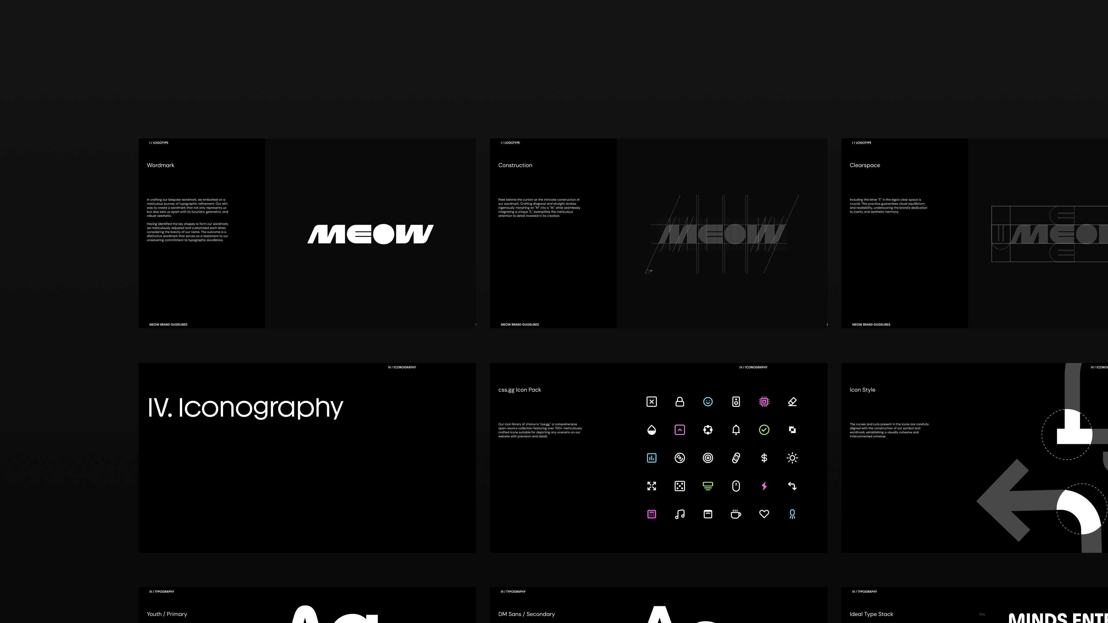 Overview of the MEOW brand guidelines showing the retro wordmark, logo construction and clearspace, iconography section, and colorful icon set—designed by Kundo Studio to define the playful visual identity for the MEOW crypto project.