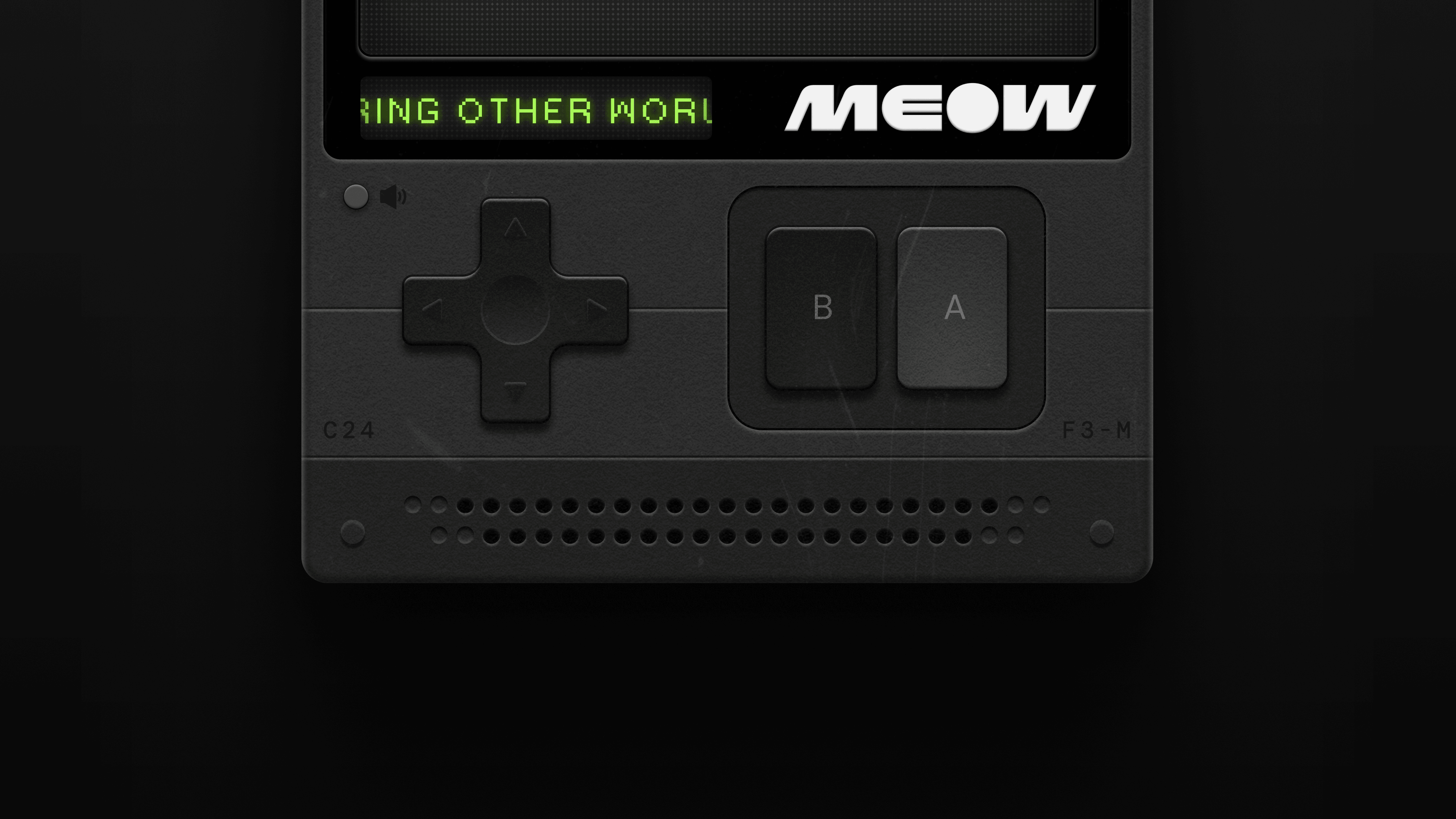 Close-up of MEOW’s retro game-console interface with B and A buttons, green pixel display, and MEOW logo, designed by Kundo Studio to express the playful, nostalgic brand identity for the MEOW crypto website.