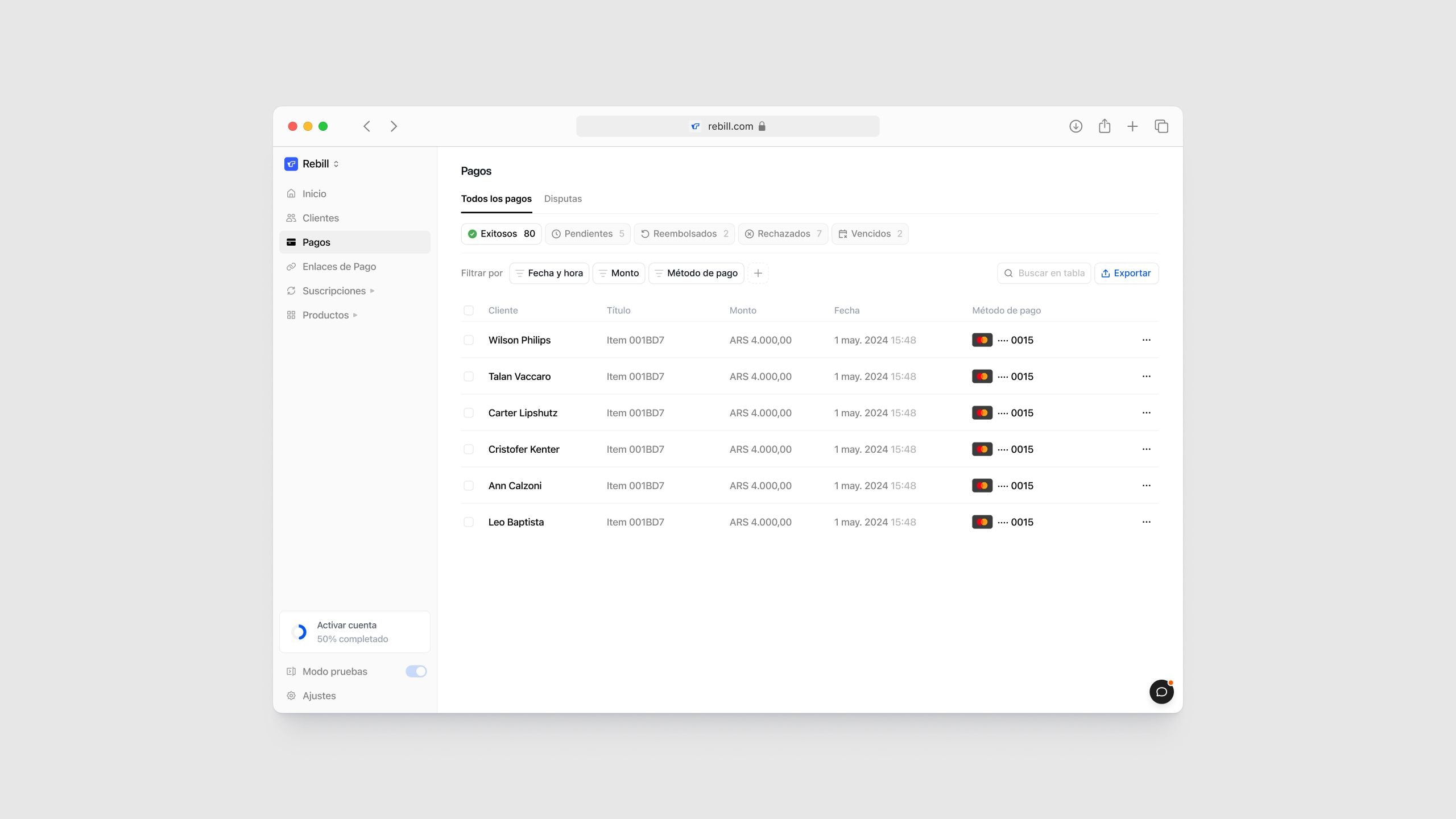 Rebill payments dashboard in light mode showing a table of recent card transactions, redesigned by Kundo Studio to give LATAM operators clear, Stripe-grade visibility into payment status, amounts, and methods.